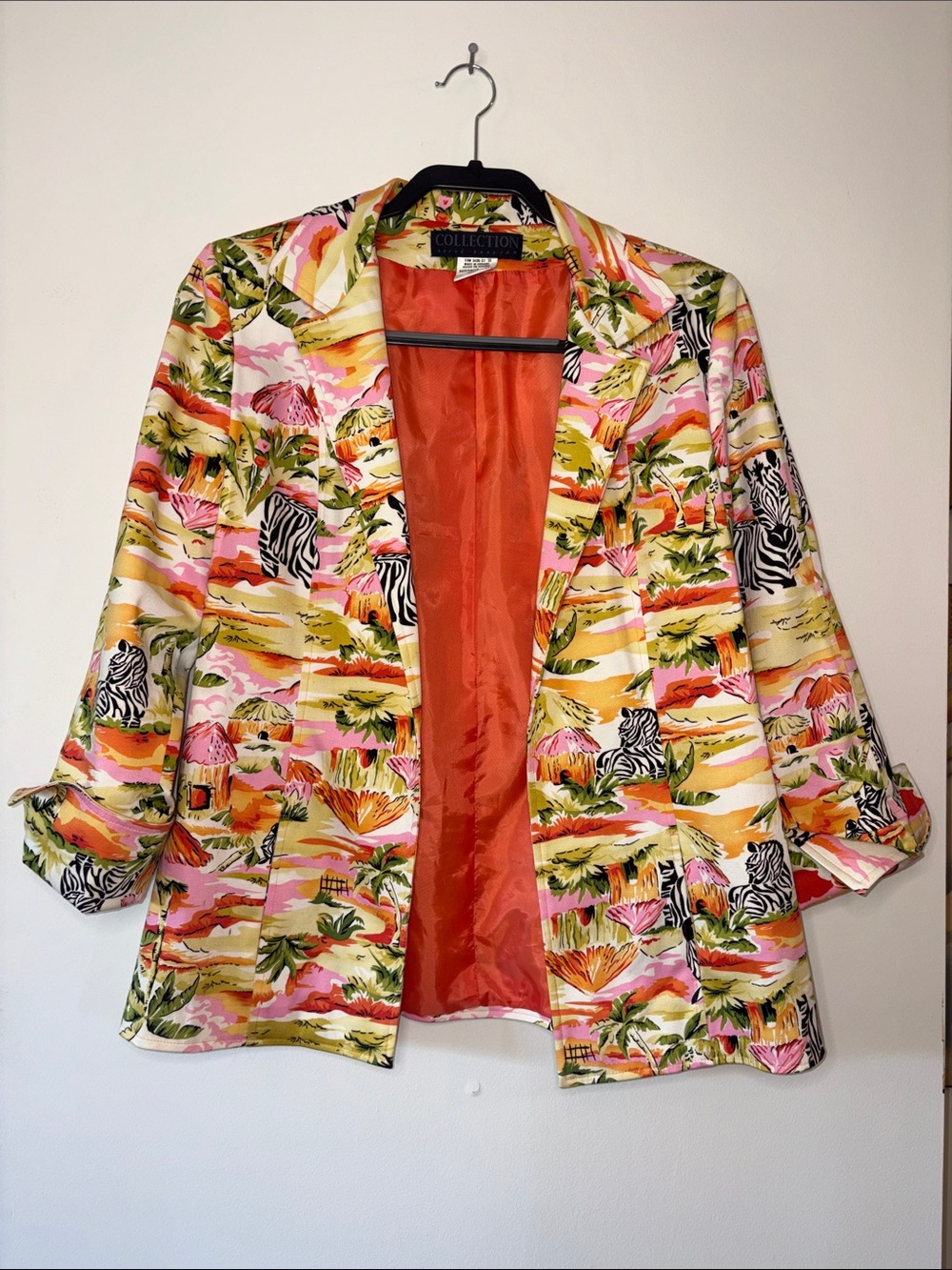 Tropical Safari Print Women's Blazer Jacket - Pink & Yellow and Orange Size 10